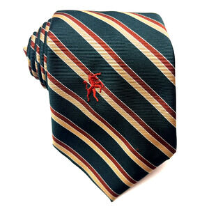 Vintage Bronzini Striped Polyester Necktie Unicorn Logo Green Brown 3.5"×47.5"
